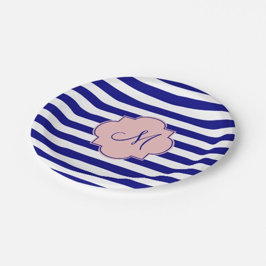 Monogram Navy Blue und Baby Pink Strickmuster Pappteller (Schrägansicht)