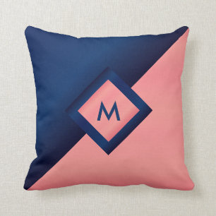 Monogram Navy Blue und Coral Kissen