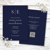 Monogram Navy Blue und Gold QR Code Hochzeit Einladung