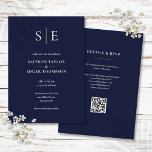 Monogram Navy Blue und Gold QR Code Hochzeit Einladung<br><div class="desc">Diese schicke,  minimalistische,  marineblaue und goldene Hochzeitseinladung kann mit Ihren Monogramm-Initialen und den Informationen zum Hochzeitstag personalisiert werden. Mit Ihren Hochzeitswebsite-Details und Ihrem QR-Code auf der Rückseite. Entwickelt von Thisisnotme©</div>