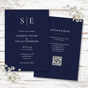 Monogram Navy Blue und Gold QR Code Hochzeit Einladung
