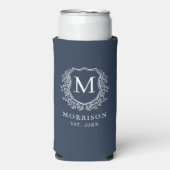 Monogram Navy Blue Wappen Botanical Wedding Selters Dosenkühler (Seltzer Vorderseite)