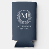 Monogram Navy Blue Wappen Botanical Wedding Selters Dosenkühler (Rückseite)