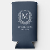 Monogram Navy Blue Wappen Botanical Wedding Selters Dosenkühler (Vorderseite)
