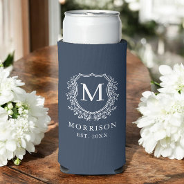 Monogram Navy Blue Wappen Botanical Wedding Selters Dosenkühler