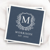 Monogram Navy Blue Wappen Botanical Wedding Serviette