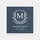 Monogram Navy Blue Wappen Botanical Wedding Serviette (Vorderseite)