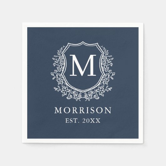 Monogram Navy Blue Wappen Botanical Wedding Serviette (Vorderseite)
