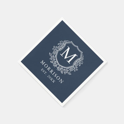 Monogram Navy Blue Wappen Botanical Wedding Serviette (Ecke)