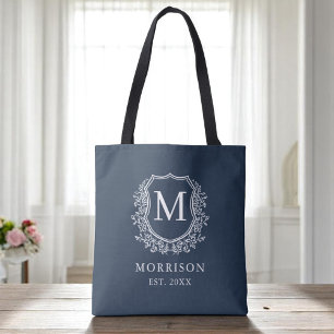 Monogram Navy Blue Wappen Botanical Wedding Tasche