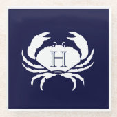 Monogram Navy Blue White Crab Nautic Glasuntersetzer (Vorderseite)