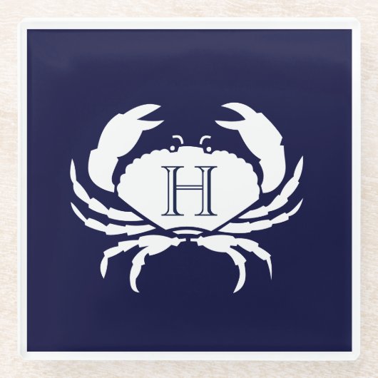 Monogram Navy Blue White Crab Nautic Glasuntersetzer (Vorderseite)
