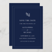 Monogram Navy Blue White Elegant Moderne Hochzeit Save The Date (Vorne/Hinten)