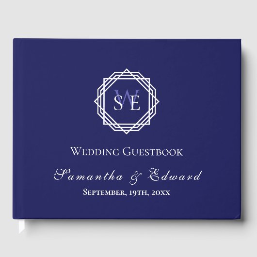 Monogram Navy Blue White Geometric Wedding Gästebuch (Vorderseite)