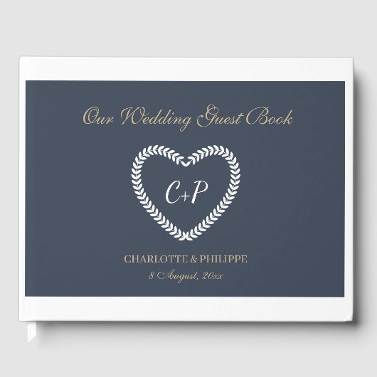 Monogram Navy Blue White Gold Heart Shaping Weddin Gästebuch (Vorderseite)