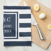 Monogram Navy Blue White Strip Personalisiert Geschirrtuch (Viertel Falte)