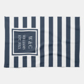 Monogram Navy Blue White Strip Personalisiert Geschirrtuch (Horizontal)