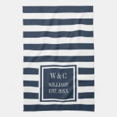 Monogram Navy Blue White Strip Personalisiert Geschirrtuch (Vertikal)
