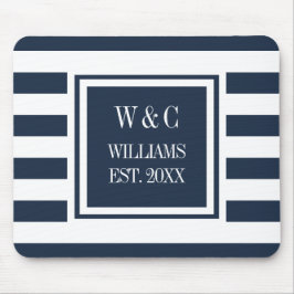 Monogram Navy Blue White Strip Personalisiert Mousepad