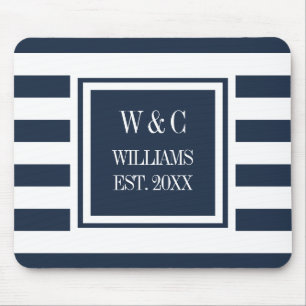 Monogram Navy Blue White Strip Personalisiert Mousepad