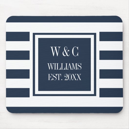 Monogram Navy Blue White Strip Personalisiert Mousepad (Vorne)