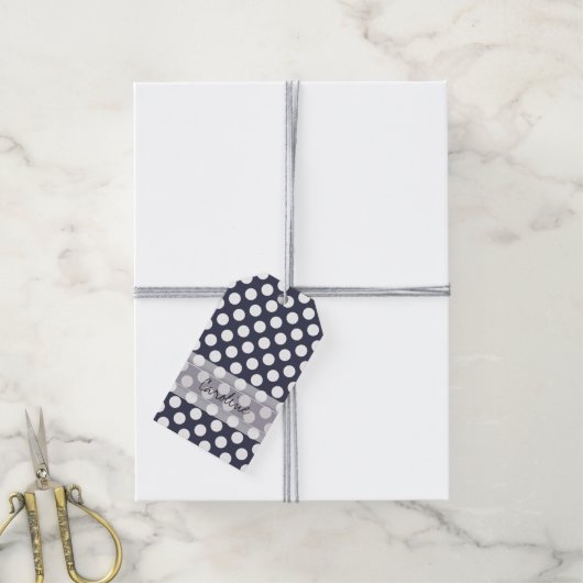 Monogram Navy Blue White Trendy Polka Dot Pattern Geschenkanhänger (Mit Garn)