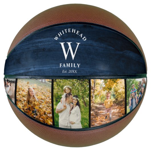 Monogram Navy Blue Wood 5 Foto Collage Basketball (Vorderseite)