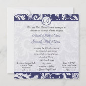 Monogram Navy Damask Wirbel Hochzeitseinladung Einladung (Rückseite)