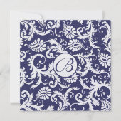 Monogram Navy Damask Wirbel Hochzeitseinladung Einladung (Vorderseite)