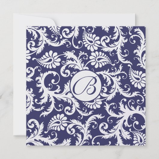 Monogram Navy Damask Wirbel Hochzeitseinladung Einladung (Vorderseite)