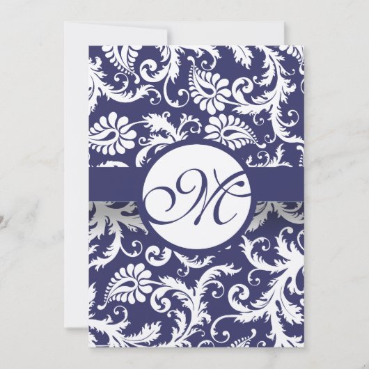 Monogram Navy Damask Wirbel Hochzeitseinladung Einladung (Vorderseite)