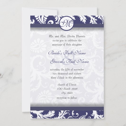 Monogram Navy Damask Wirbel Hochzeitseinladung Einladung (Rückseite)