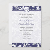 Monogram Navy Damask Wirbel Hochzeitseinladung Einladung (Rückseite)