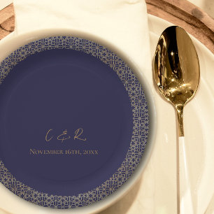 Monogram Navy Gold Design Wedding Reception Party Pappteller