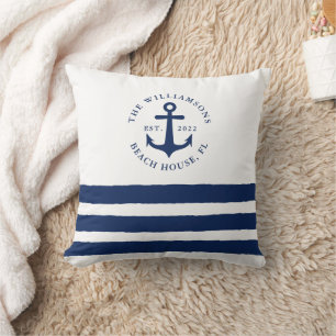 Monogram, Navy Navy Blue Stripes Family Kissen