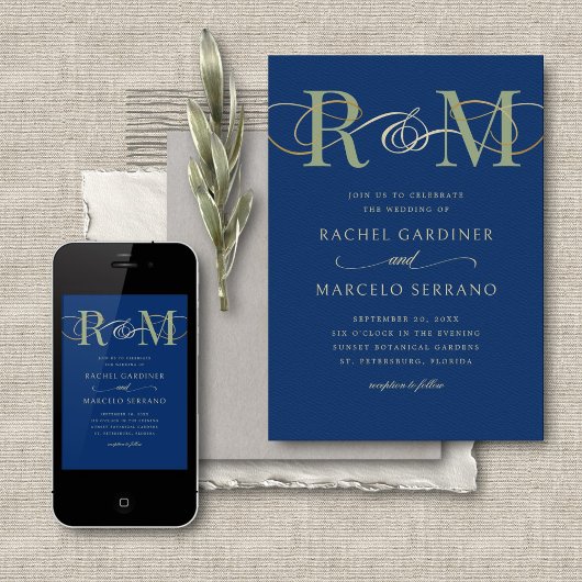 Monogram Navy Olive Sage Green QR Code Hochzeit Einladung