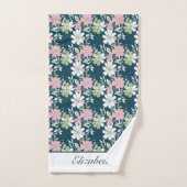 Monogram Navy Pink Green White Floral Blume Badhandtuch Set (Handtuch)