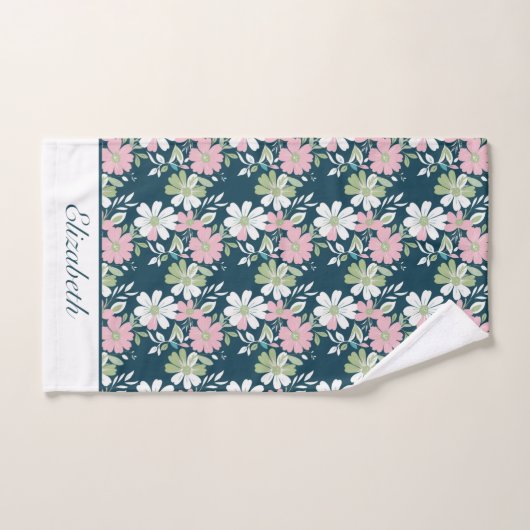 Monogram Navy Pink Green White Floral Blume Badhandtuch Set (Handtuch)