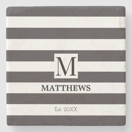 Monogram Navy Strips Familienname Beach House Steinuntersetzer (Vorderseite)