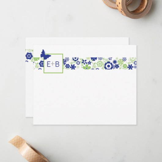 Monogram Navy und Limon Flat Note Card Mitteilungskarte (Vorderseite/Rückseite Beispiel)