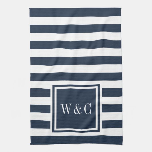 Monogram Navy White Strip Personalisiert Geschirrtuch (Vertikal)