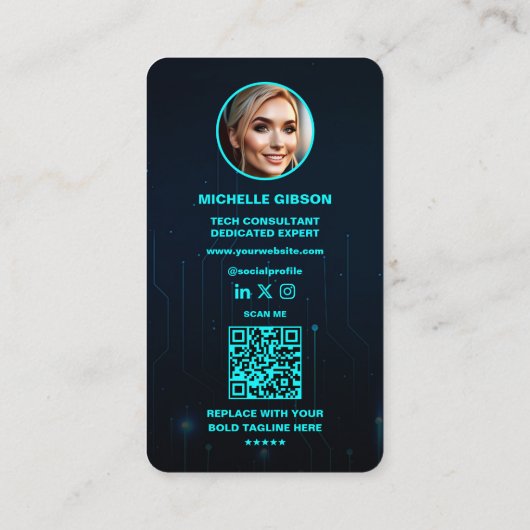 Monogram Neon Blue Tech Moderner Software Engineer Visitenkarte (Rückseite)