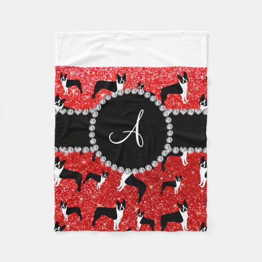 Monogram Neon Red Glitzer Boston Terrier Fleecedecke (Vorderseite)