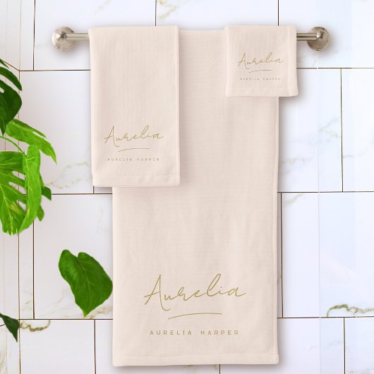 Monogram Neutral Modern Minimal Stylish Blush Gold Badhandtuch Set