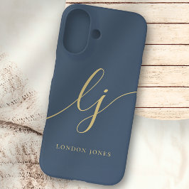 Monogram Neutral Modern Minimal Stylish Navy Gold iPhone 16 Hülle