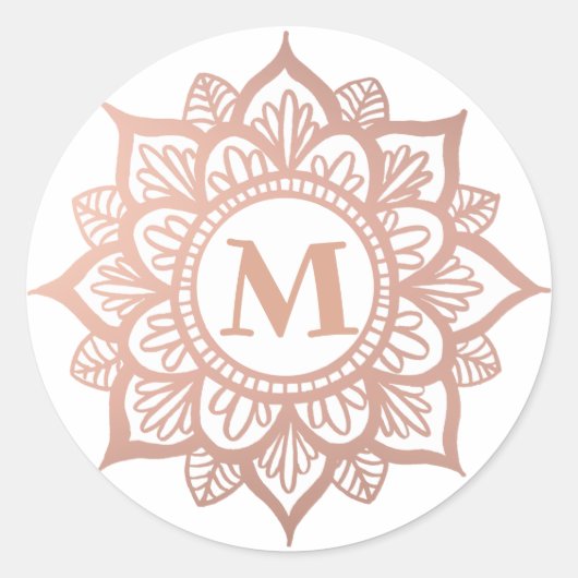 Monogram New Rose Gold Mandala Runder Aufkleber (Vorderseite)