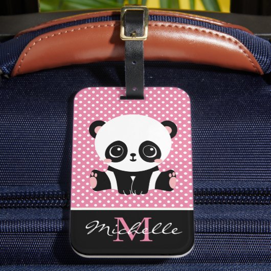 Monogram Niedlich Panda Bär Personalisiert Polka D Gepäckanhänger (Vorderseite Insitu 2)