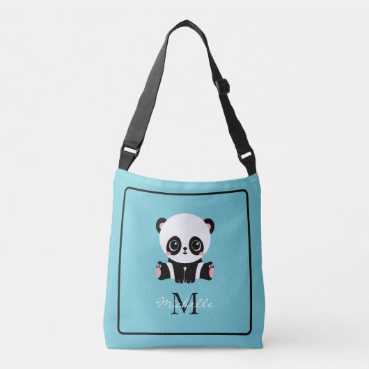 Monogram Niedlich Panda Blue Personalisiert Name Tragetaschen Mit Langen Trägern (Vorderseite)