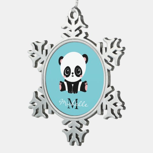 Monogram Niedlich Panda Personalisiert Bubble Gum Schneeflocken Zinn-Ornament (Rechts)