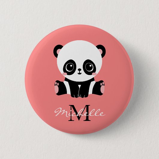 Monogram Niedlich Panda Personalisiert Pink Button (Vorderseite)